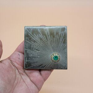 Vintage Pilcher Compact Mirror w/ Powder Silver Tone with Green Jewel